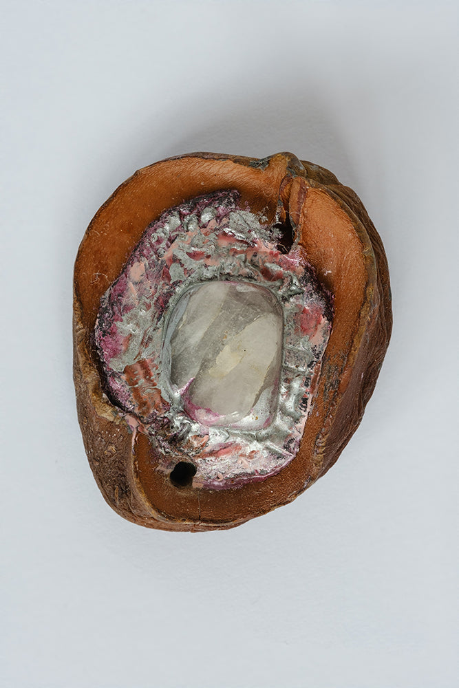 Natural Kolanut with Putty, Pink Quartz Gemstone, Painted with Silver and Pink Enamel Paint