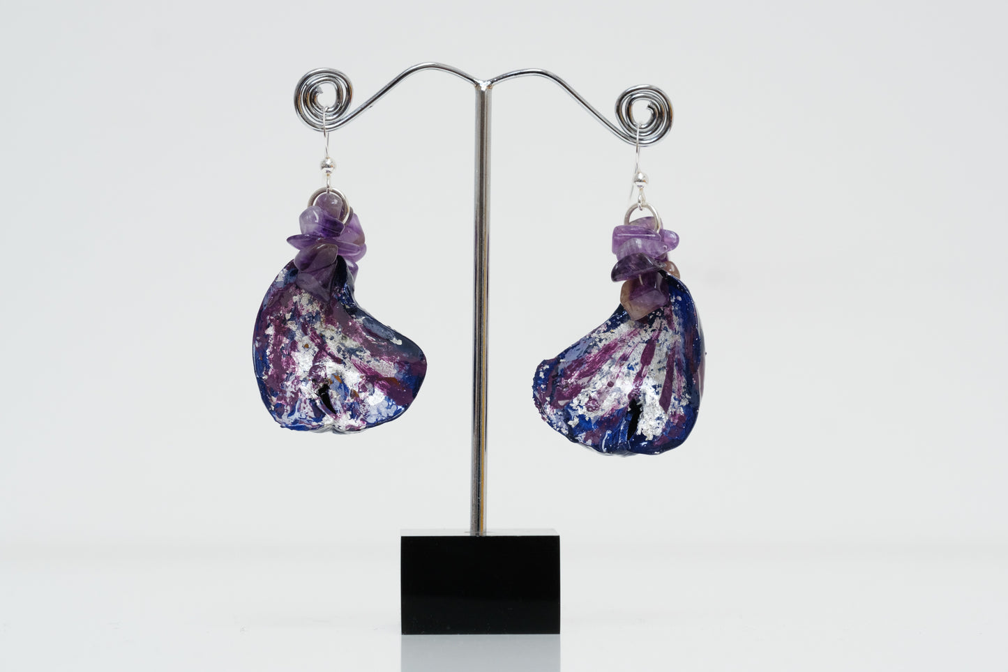 Kolanut Earrings, Enamel Painted with Silver Metallic Leaf, Gemstones and Sterling Silver Findings
