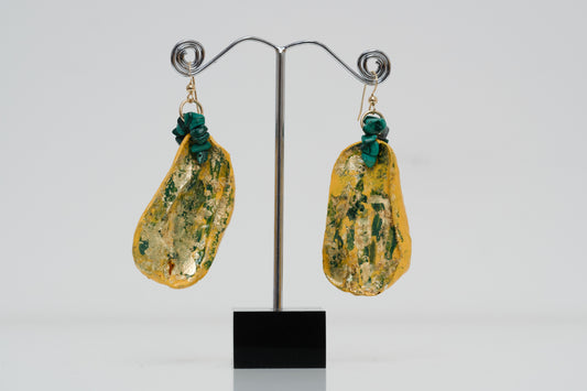 Kolanut Earrings, Enamel Painted with Gold Metallic Leaf, Gemstones and 12-carat Gold-Filled Findings