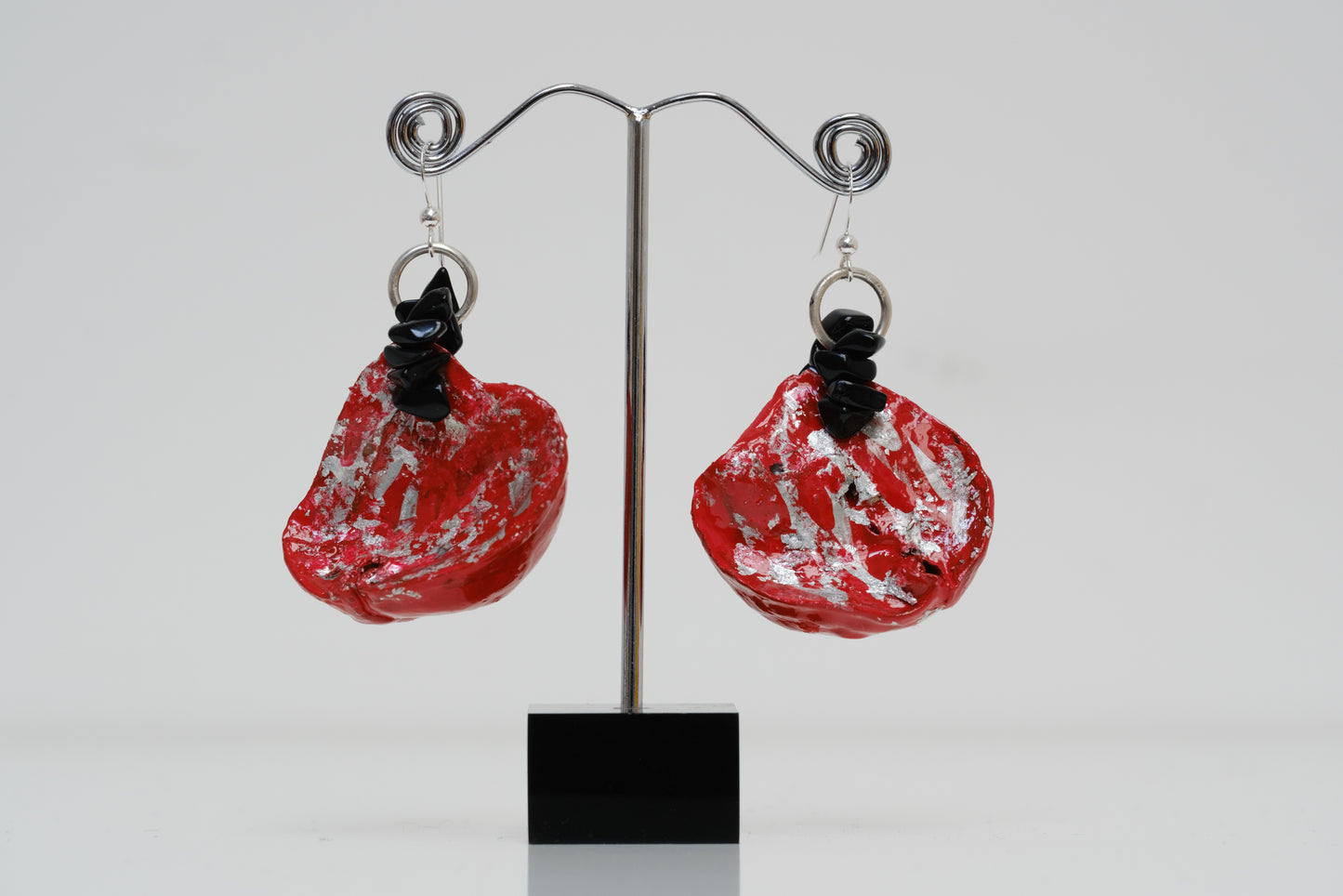 Kolanut Earrings, Enamel Painted with Silver Metallic Leaf, Gemstones and Sterling Silver Findings