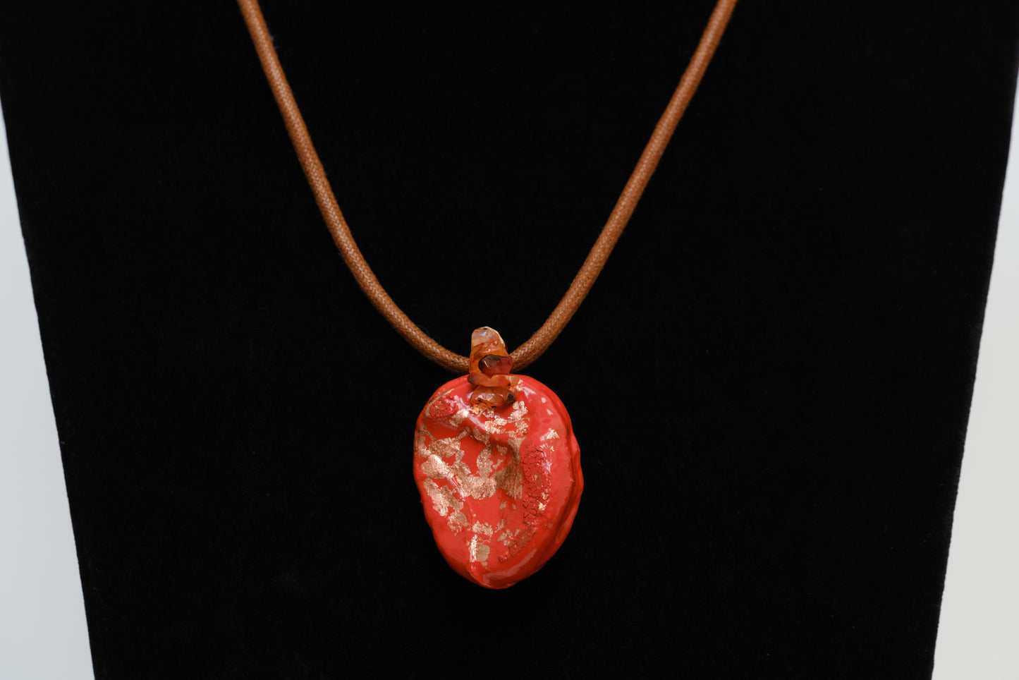 Kolanut Pendant with Cotton Cord and Gemstones, Painted with Enamel Paint and Metallic Leaf