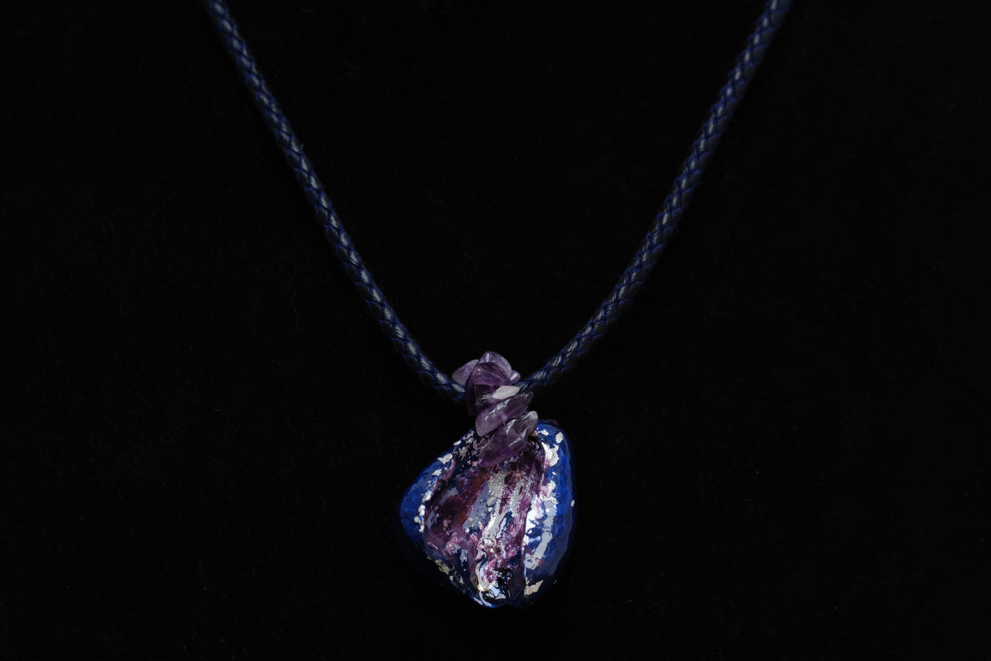 Kolanut Pendant with Cotton Cord and Gemstones, Painted with Enamel Paint and Metallic Leaf