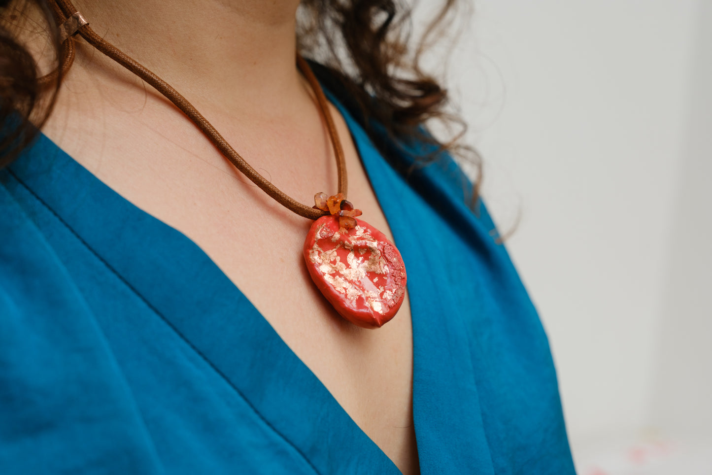 Kolanut Pendant with Cotton Cord and Gemstones, Painted with Enamel Paint and Metallic Leaf