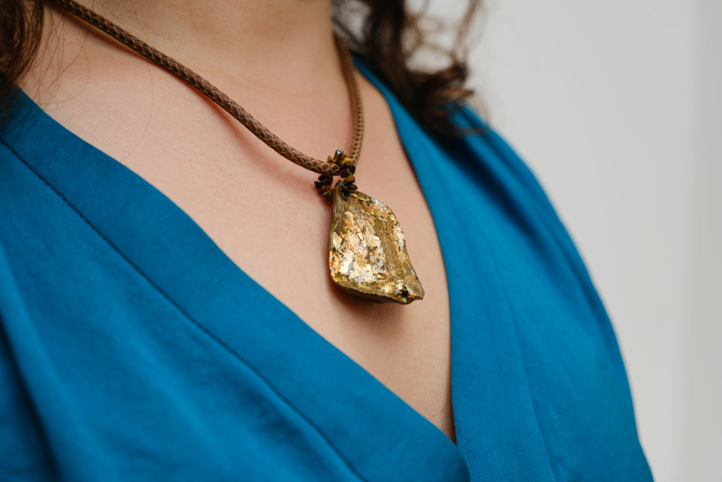 Kolanut Pendant with Cotton Cord and Gemstones, Painted with Enamel Paint and Metallic Leaf