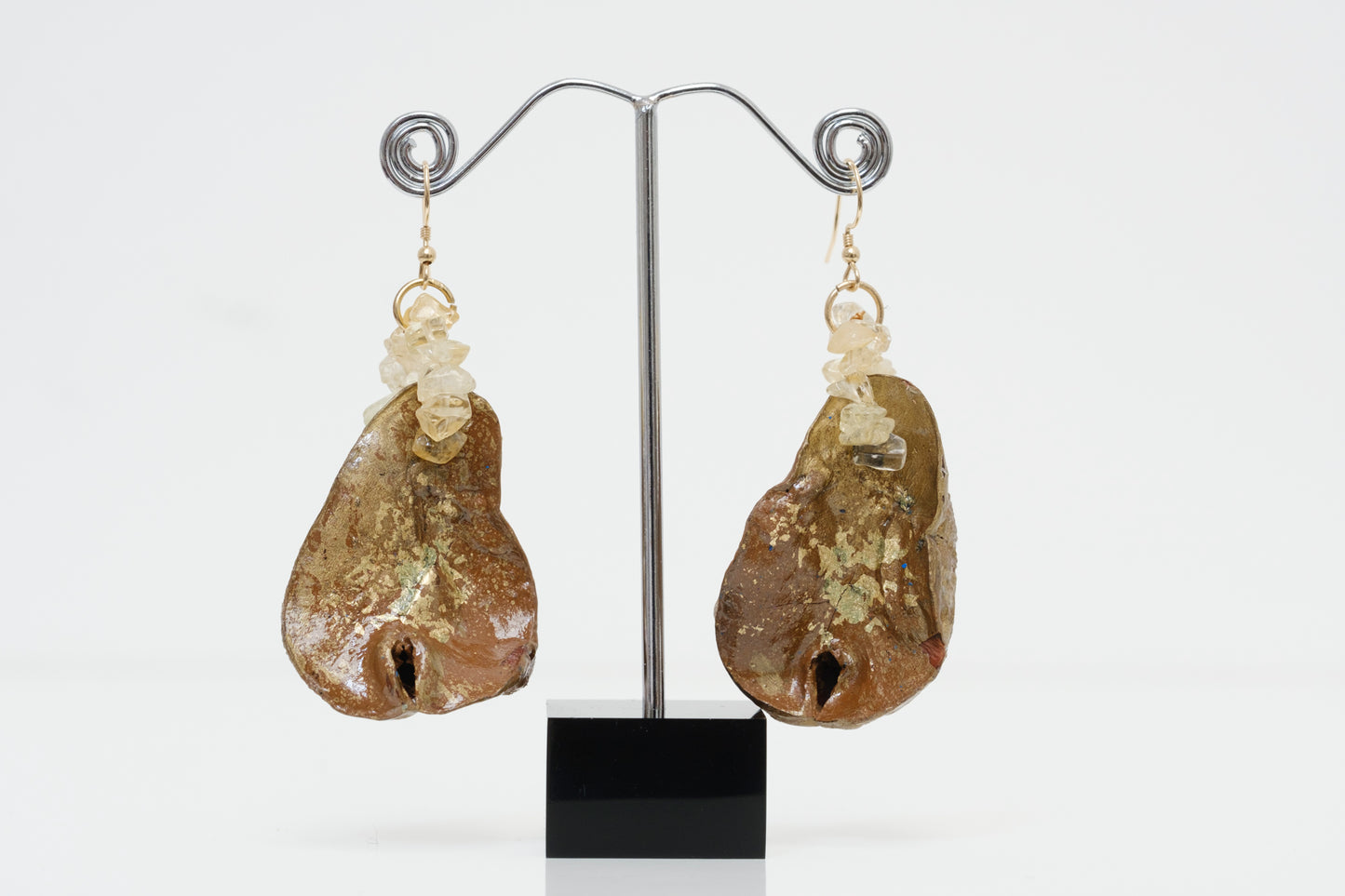 Kolanut Earrings with Brown Acrylic Paint and Gold Leaf