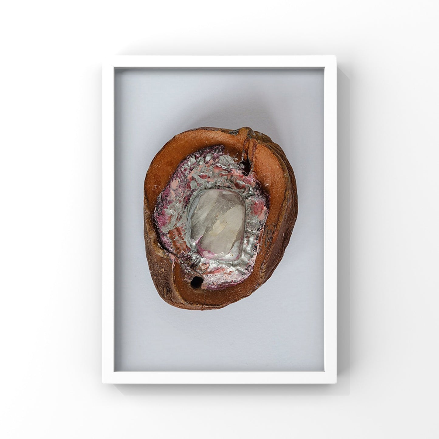 Natural Kolanut with Putty, Pink Quartz Gemstone, Painted with Silver and Pink Enamel Paint
