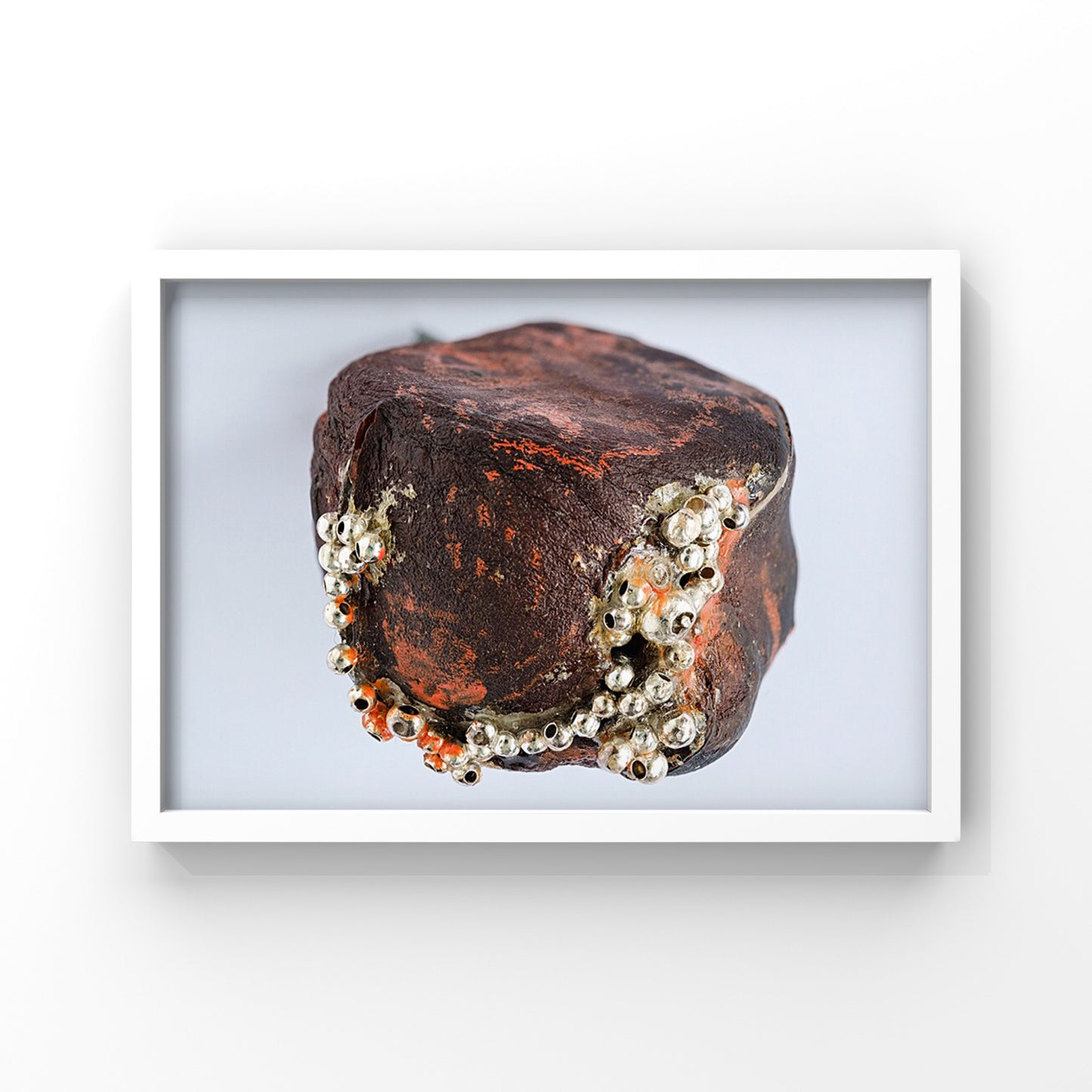 Print of Kolanuts with Sterling Silver Beads, Partially Painted with Orange Enamel Paint
