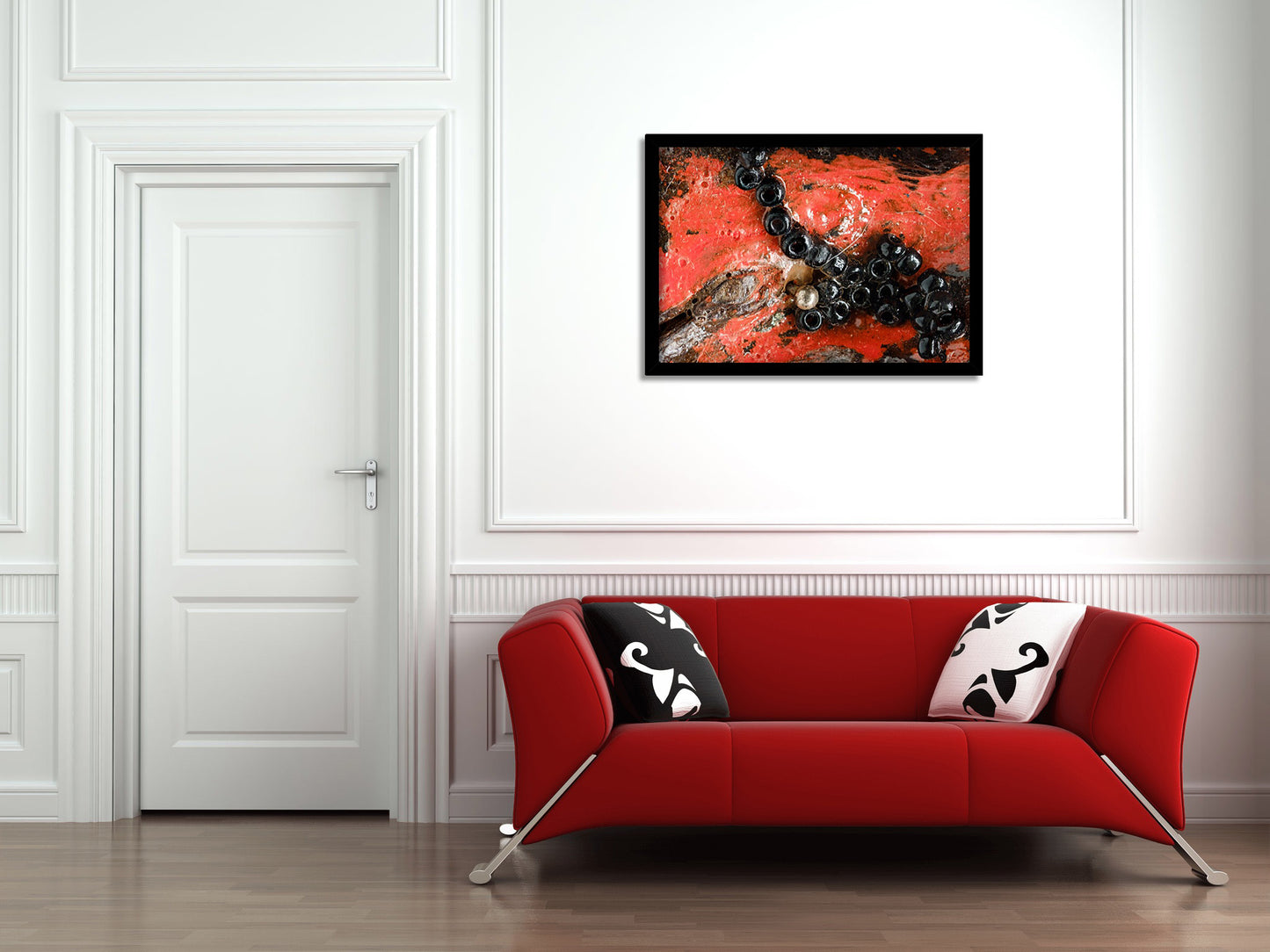 Print of a Kolanut with Black Seed Beads, Painted with Orange and Black Enamel Paint