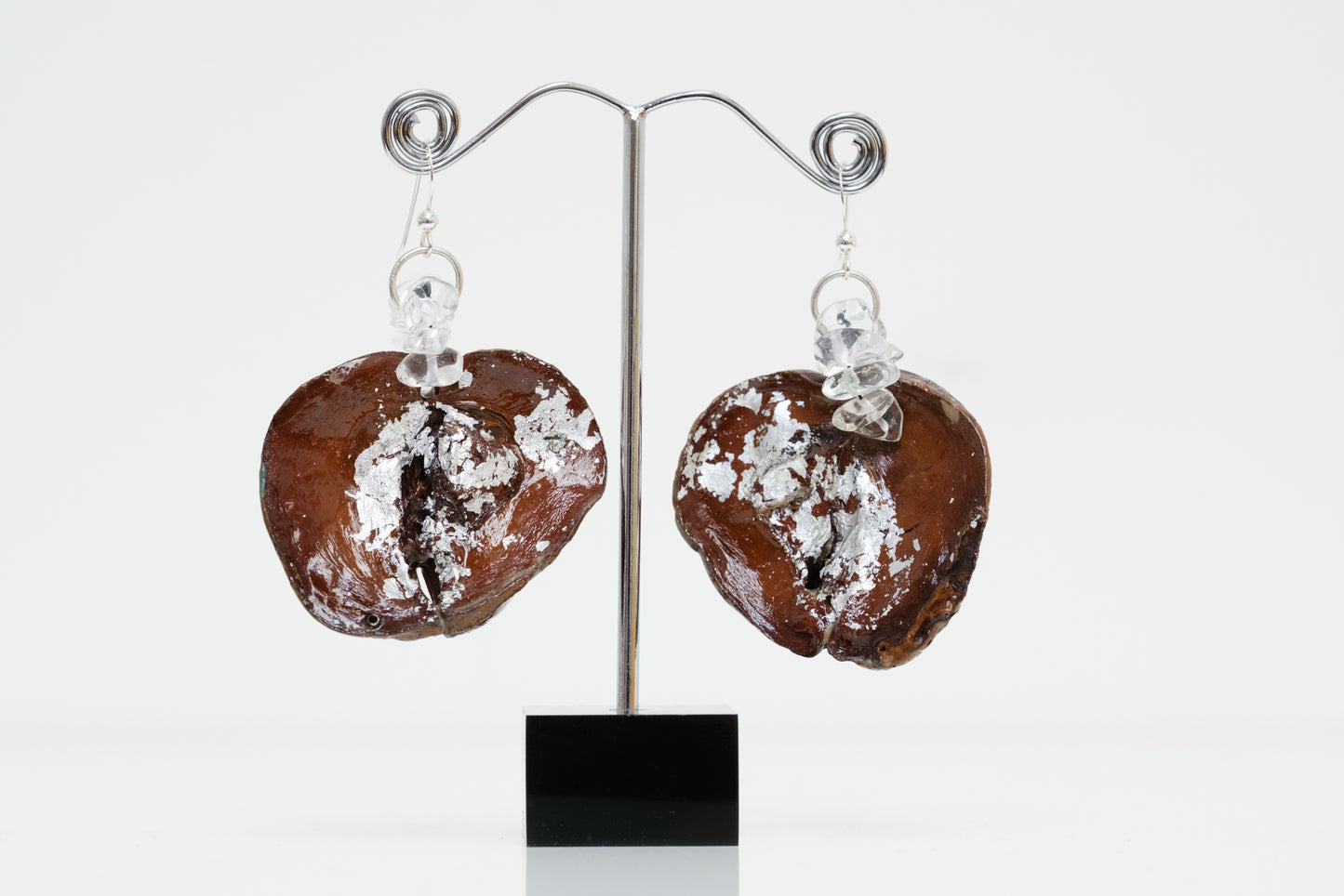 Kolanut Earrings with Silver Metallic Leaf, Gemstones and Sterling Silver Findings