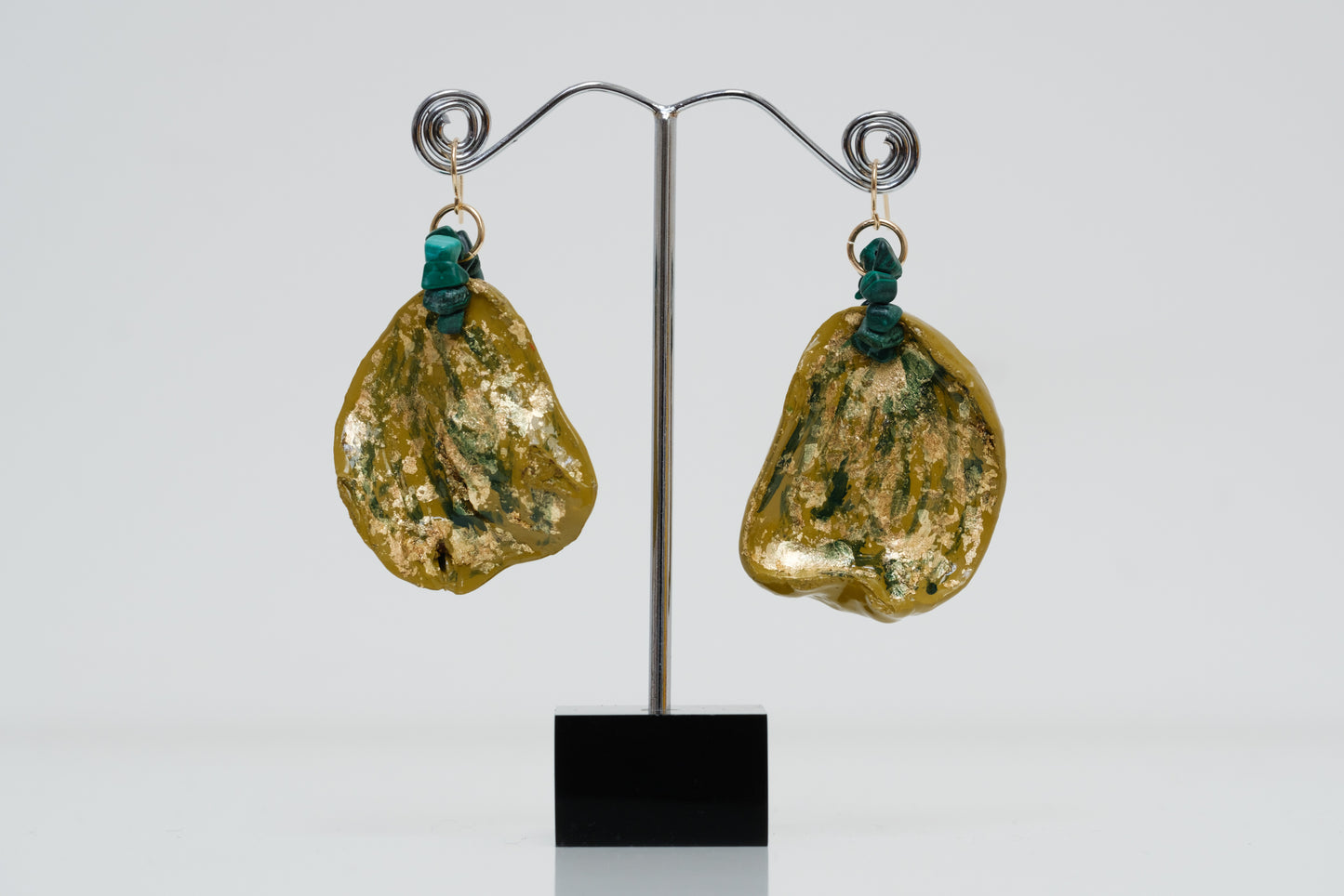 Kolanut Earrings, Enamel Painted with Gold Metallic Leaf, Gemstones and 12-carat Gold-Filled Findings